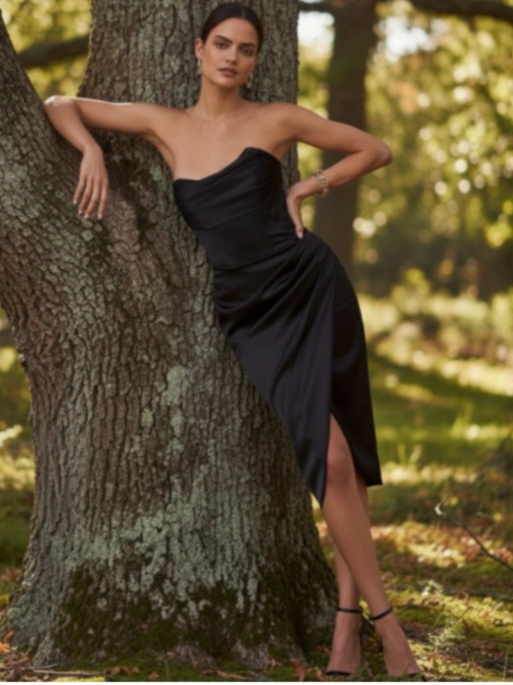 Bardot Black Strapless Satin Midi Dress with Side Drape